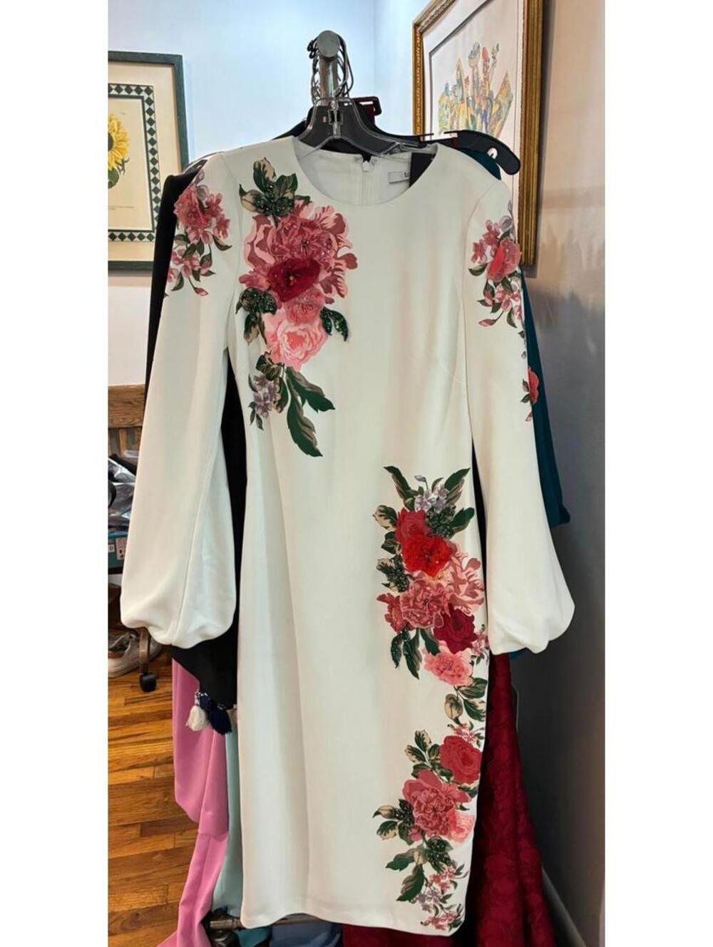 Badgley Mischka * 4 White Floral Embroidered Midi Dress Long Sleeve Modest Chic - Picture 5 of 6